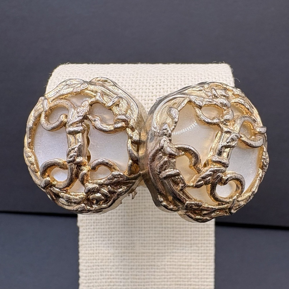 Vintage‎ Faux Pearl Symmetrical Gold Tone Filigree Earrings Pierced Lightweight
